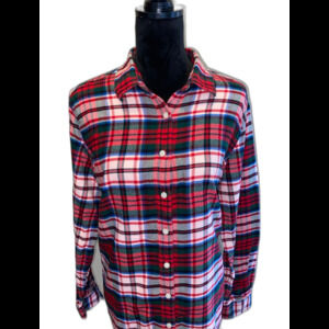 Woman’s Lands End Flannel Shirt Size 14 Button Down Long Sleeve Red Green Plaid